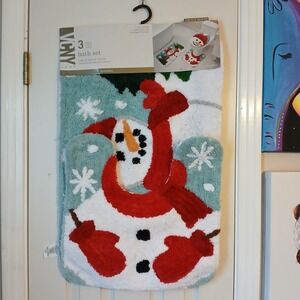 Christmas Snowman 3 Piece Bathroom Floor Mat Set Red Hat Snowflake